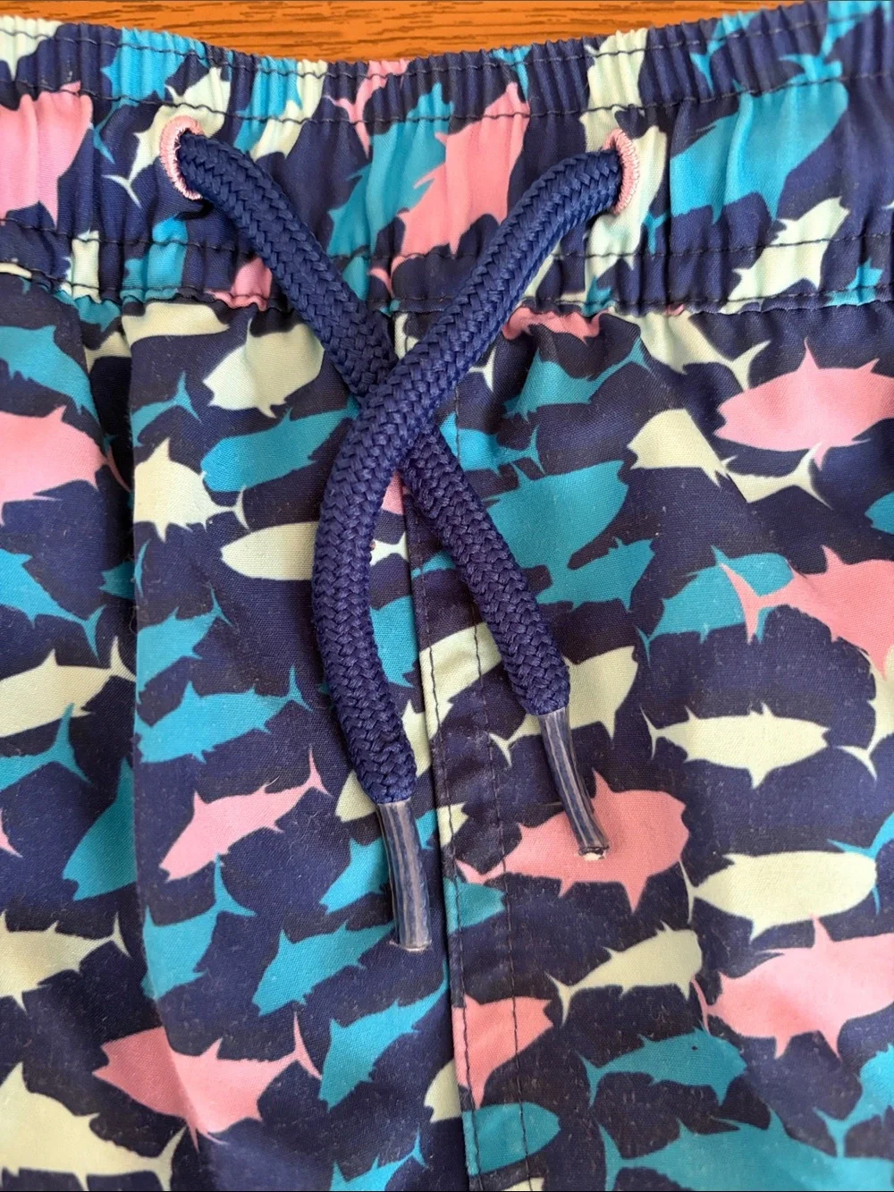 Vineyard Vines Navy Swim Shorts with Teal, Pink, Cream Fish Print